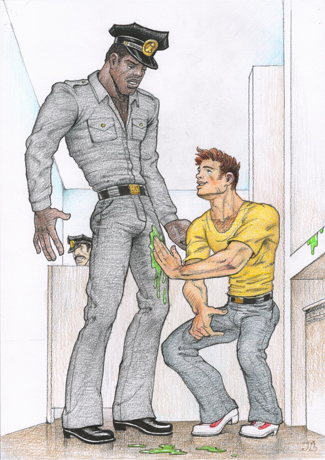 Gay Art original painting «Incident in the toilet 2 » 16,5*11,6 in. nude erotica