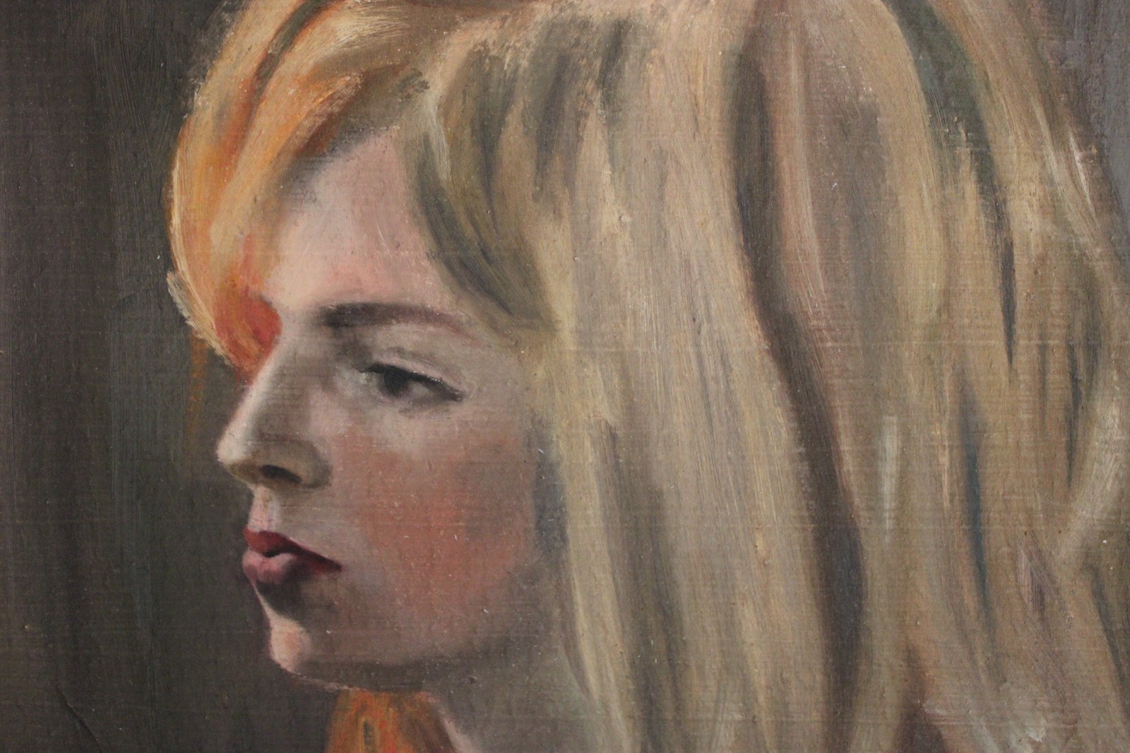 ORIG VINTAGE OIL PAINTING PORTRAIT BEAUTIFUL BLOND WOMAN GIRL FRAMED FOLK ART