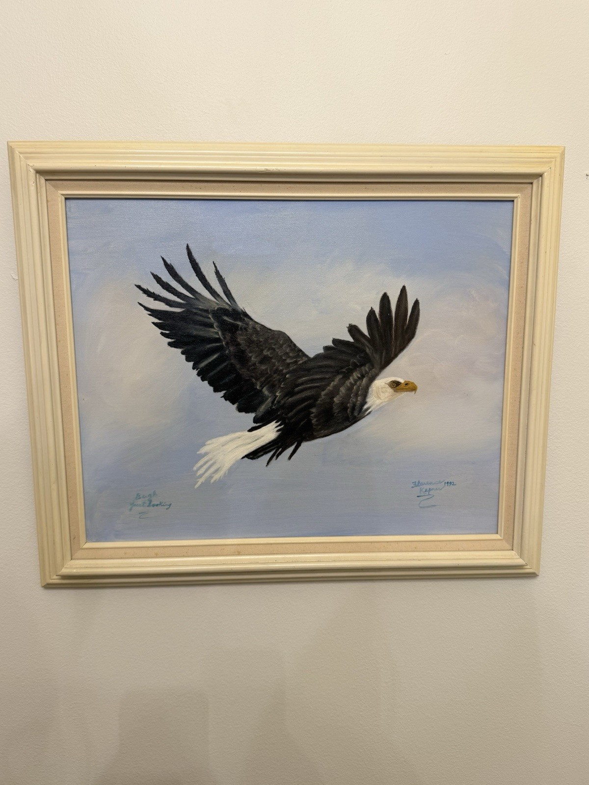 Original Oil Painting Bald Eagle In Flight Signed Florence Kepner 1992 Framed