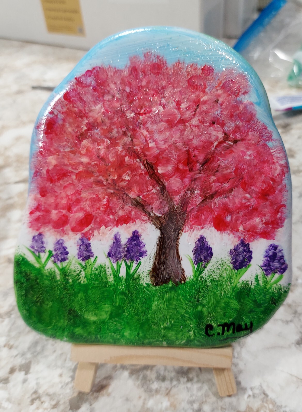 Hand Painted Large Spring Pink Tree with Purple flowers Rock with wooden stand.