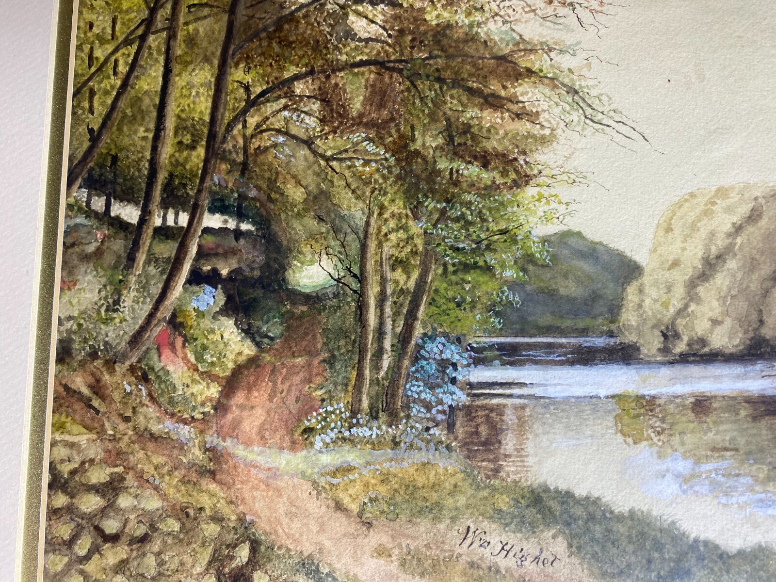 Antique W Higher «River Landscape Scene» Watercolor Painting – Signed And Framed