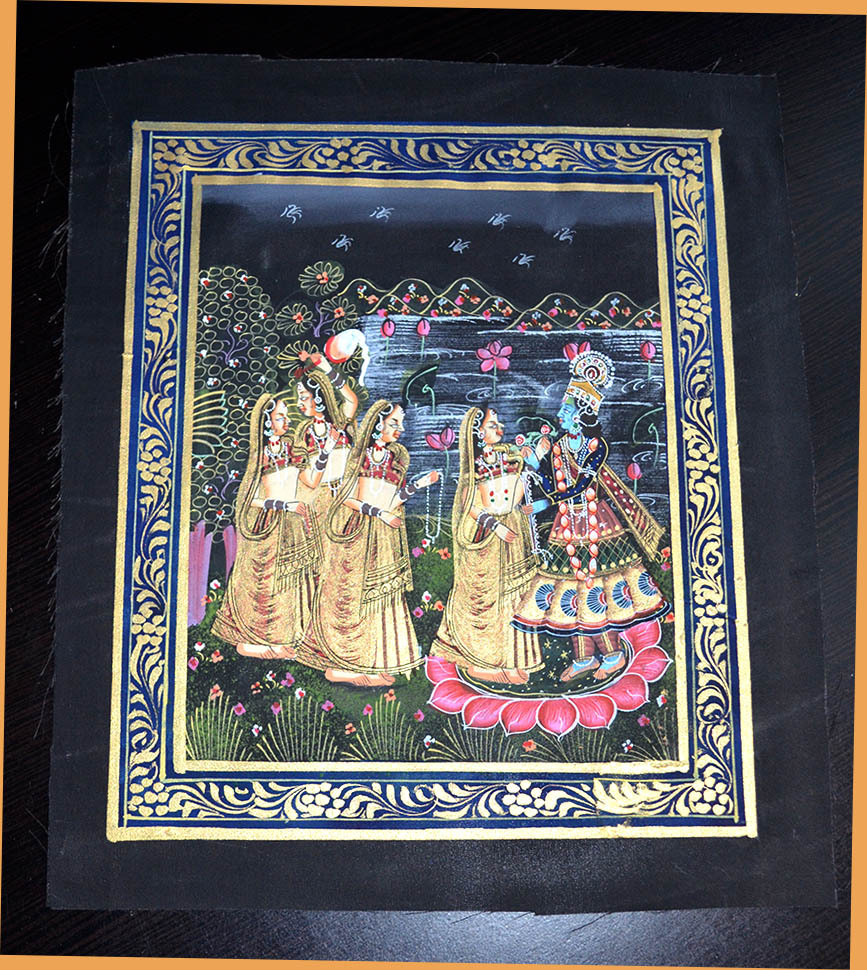 Original Radha Krishna Miniature Indian painting on silk cloth natural colors