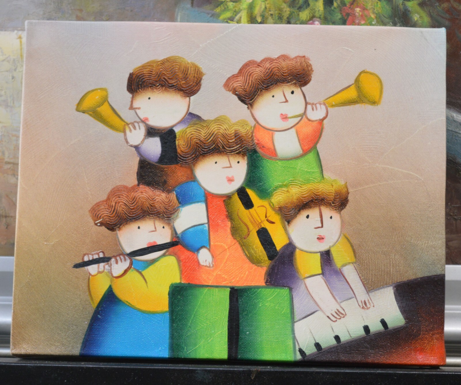 OIL PAINTING KID MUSIC BAND VIOLIN TRUMPET 10″ HAND PAINTED DECOR ART GIFT 432