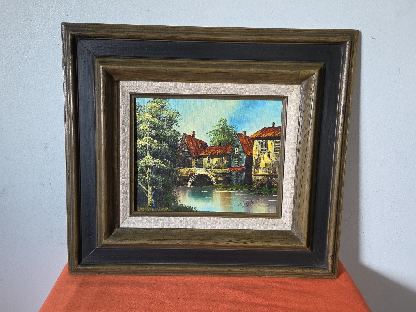 European Scene of River, Bridge & Buildings Oil Painting Signed 18 1/4″ X 16 1/4