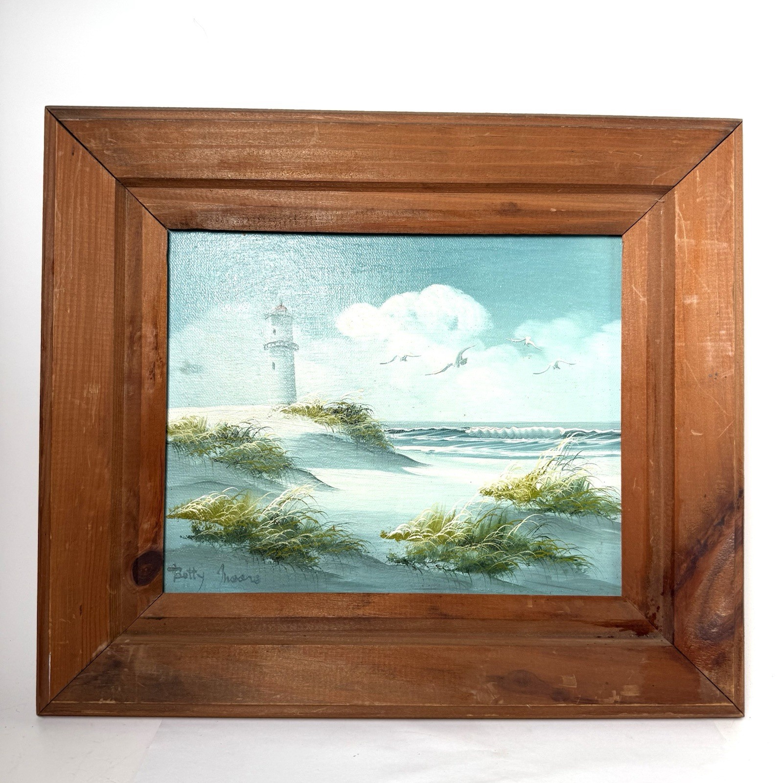 Betty Moore Signed Oil Painting Original Lighthouse Seascape Seagulls 14×12