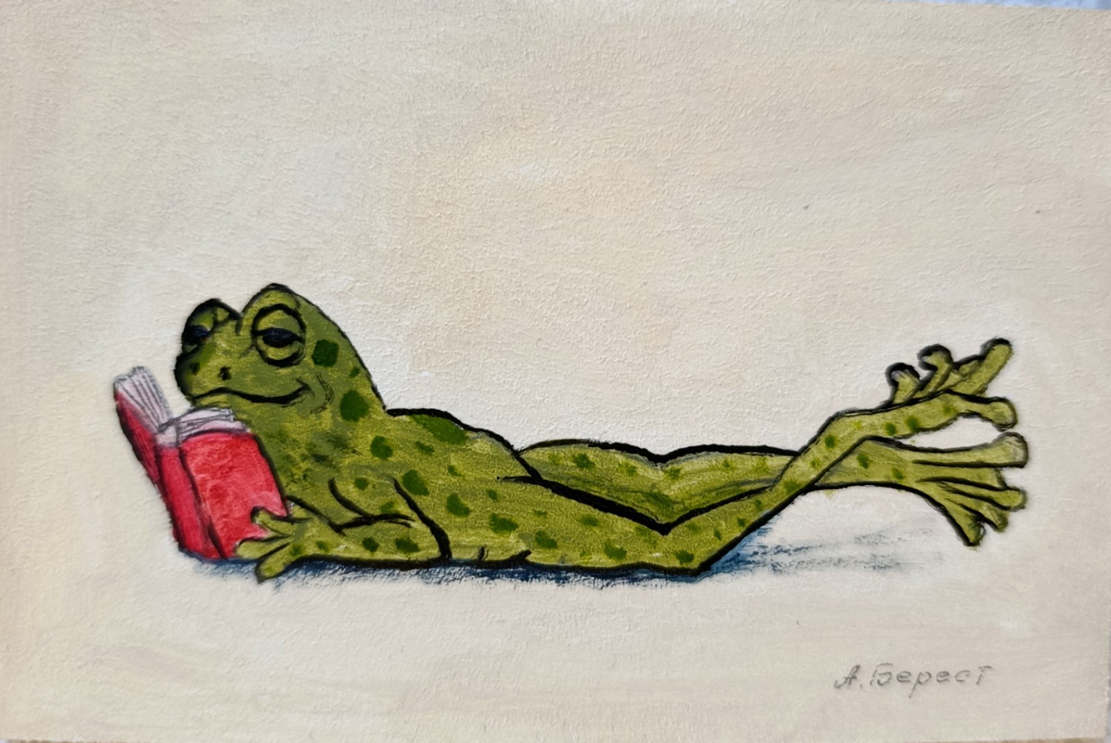 Original Frog Oil Painting Reading Book Framed 6×4 Wood Panel Signed Handmade