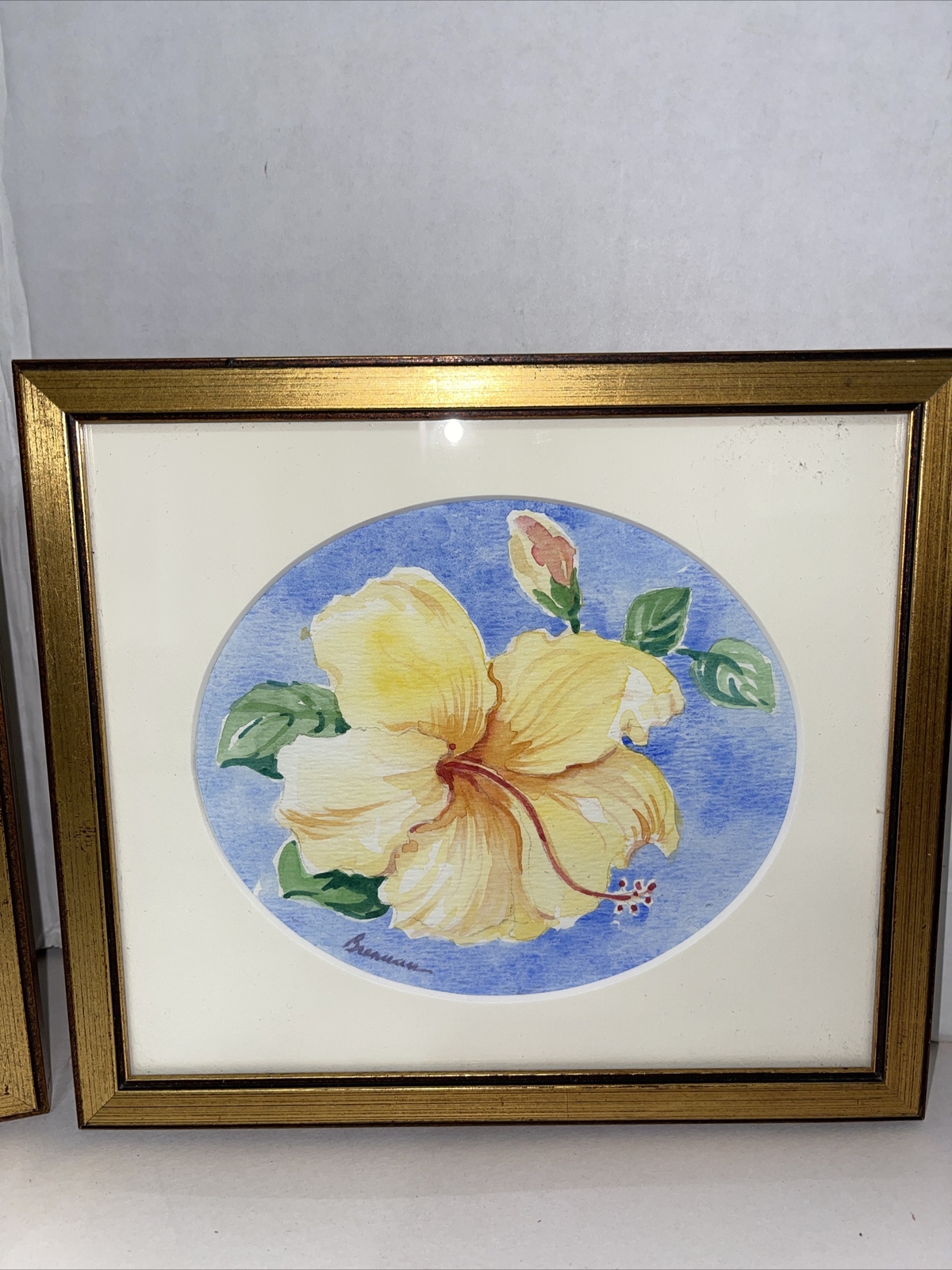 Brennan Floral Paintings Hydrangea Hibiscus Watercolor Framed 8×7.5” Set Of 2
