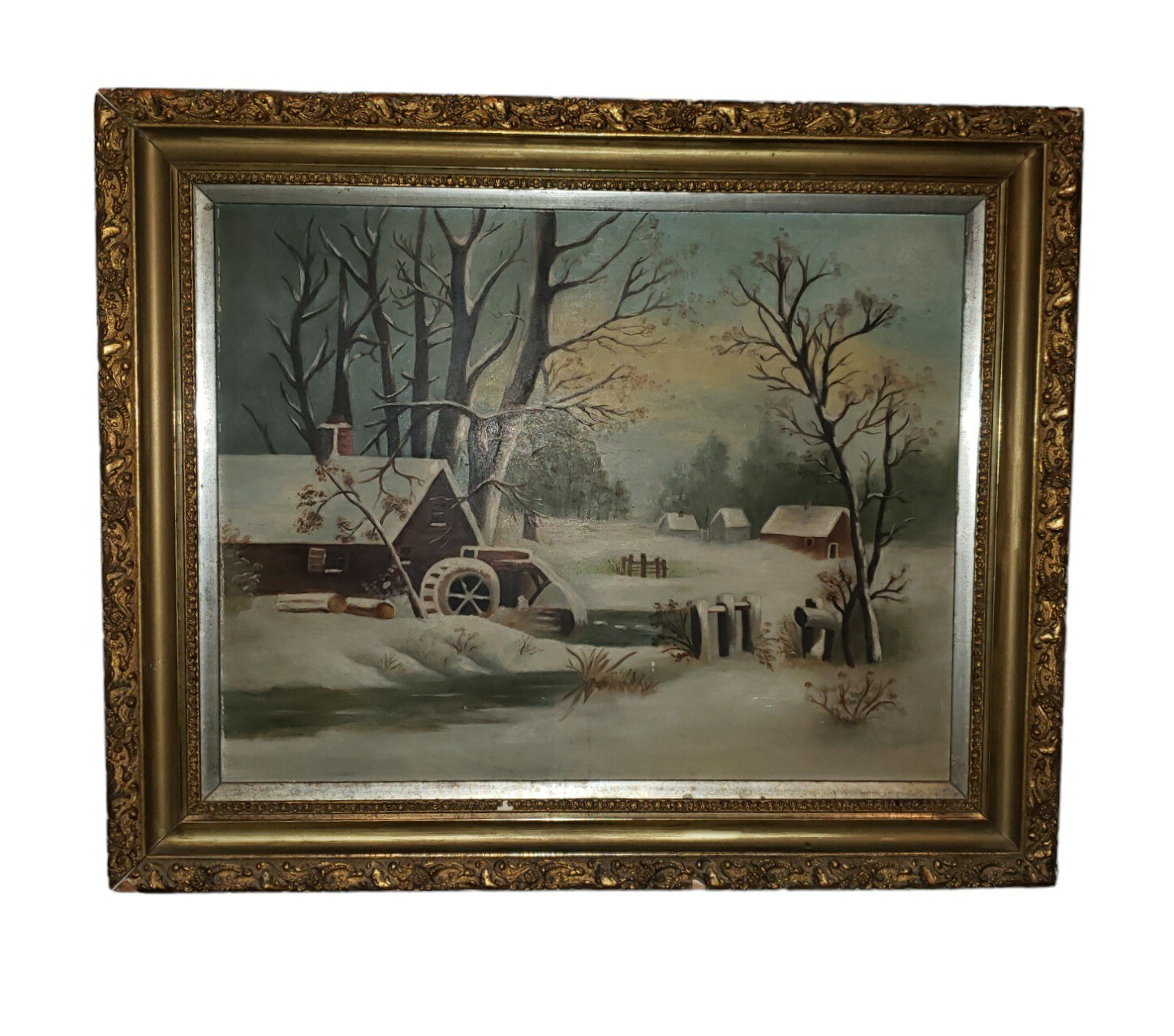 Antique Oil On Board Grist Mill Winter Landscape Painting Victorian Frame