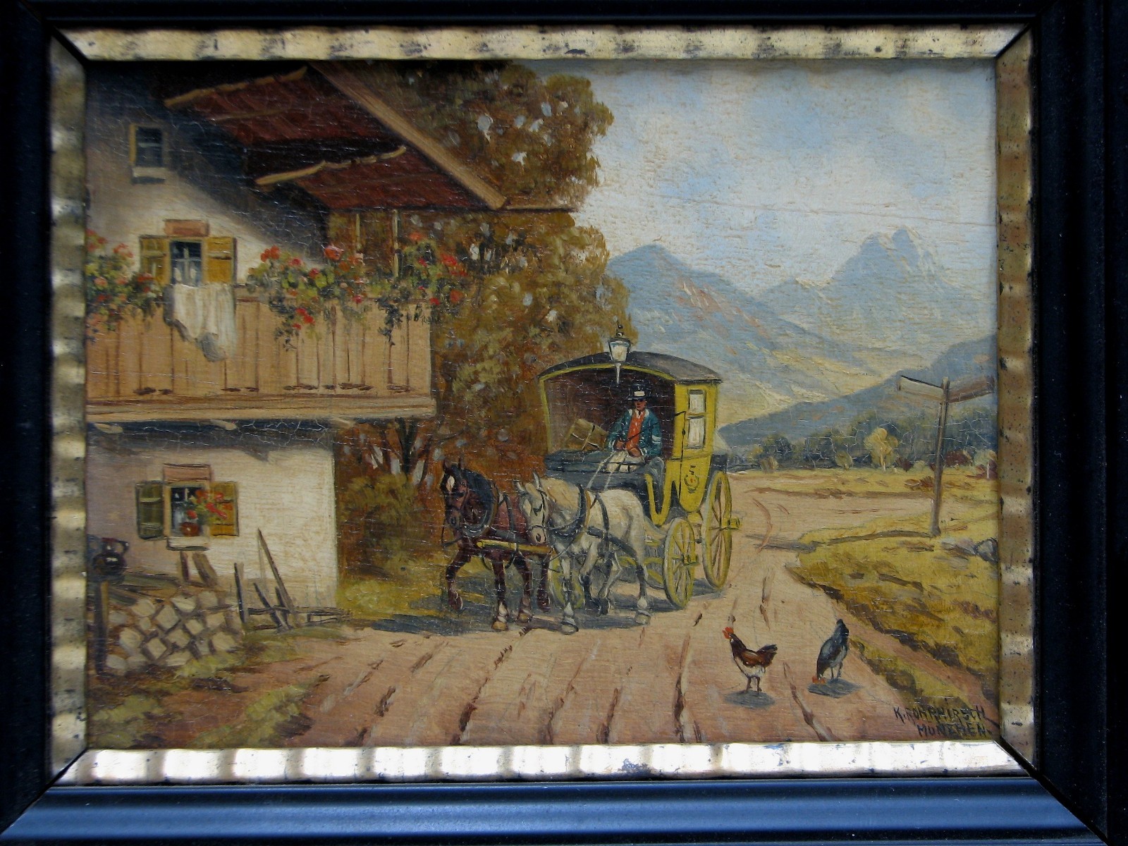 «Coach with Alps in Distance» Oil painting by Karl Rohrhirsch (German 1875-1954)