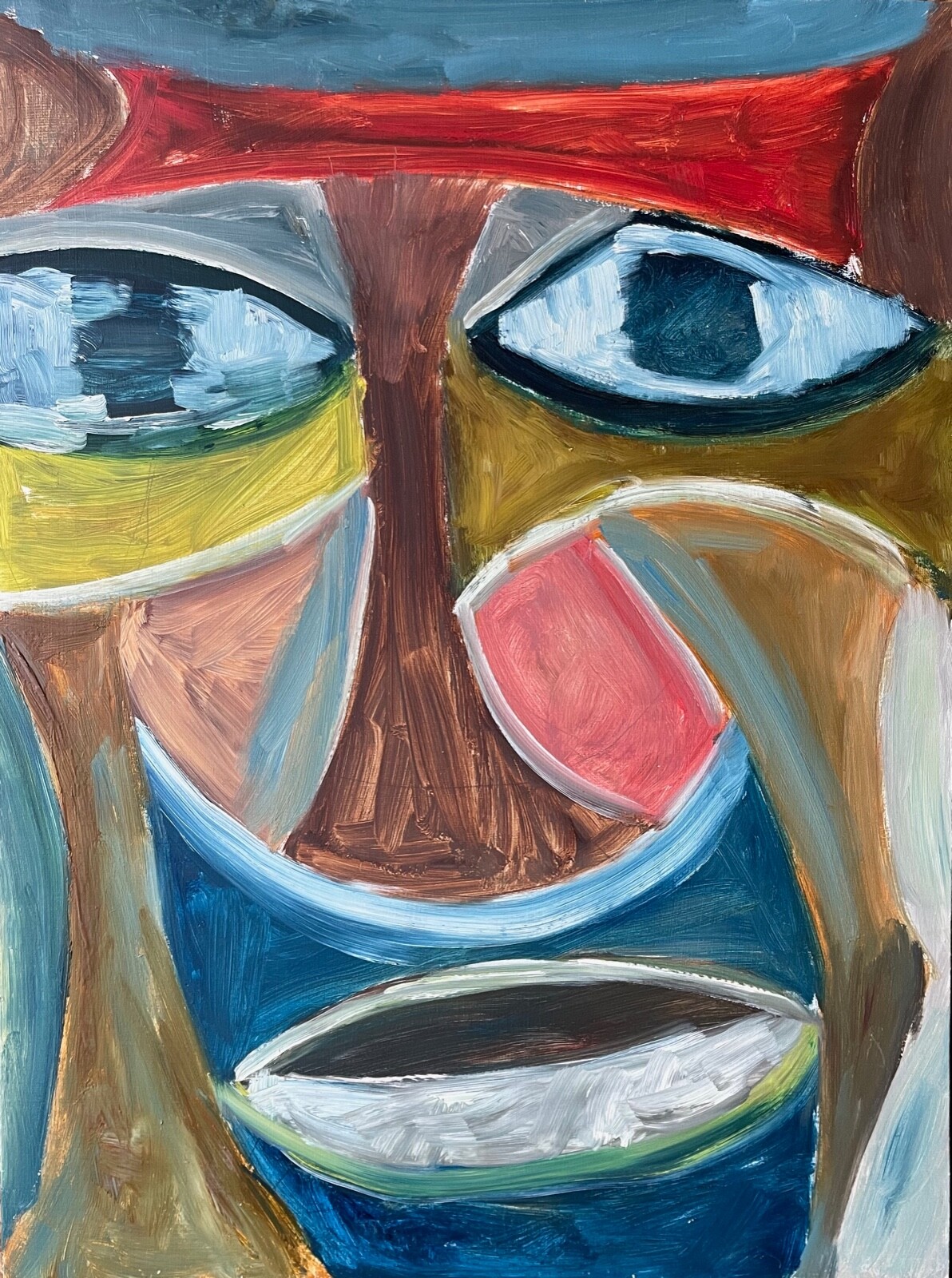 Vintage Multi-Color Abstract Face Oil Painting Mid Century Modern Wall Art 70s