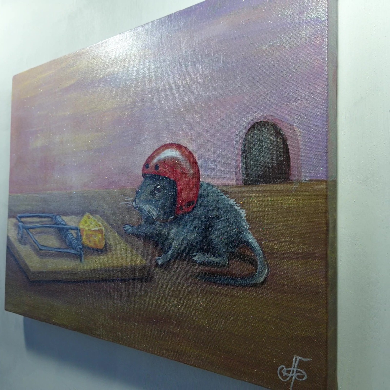 Original Acrylic Painting Thinking Mouse Red Helmet Cheese Trap Canvas Wall Art