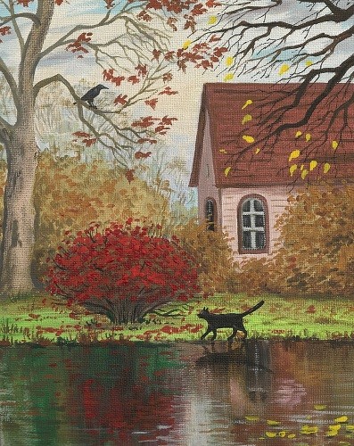 8×10 PRINT OF PAINTING RYTA CROW HALLOWEEN BLACK CAT FOLK VINTAGE STYLE art fall