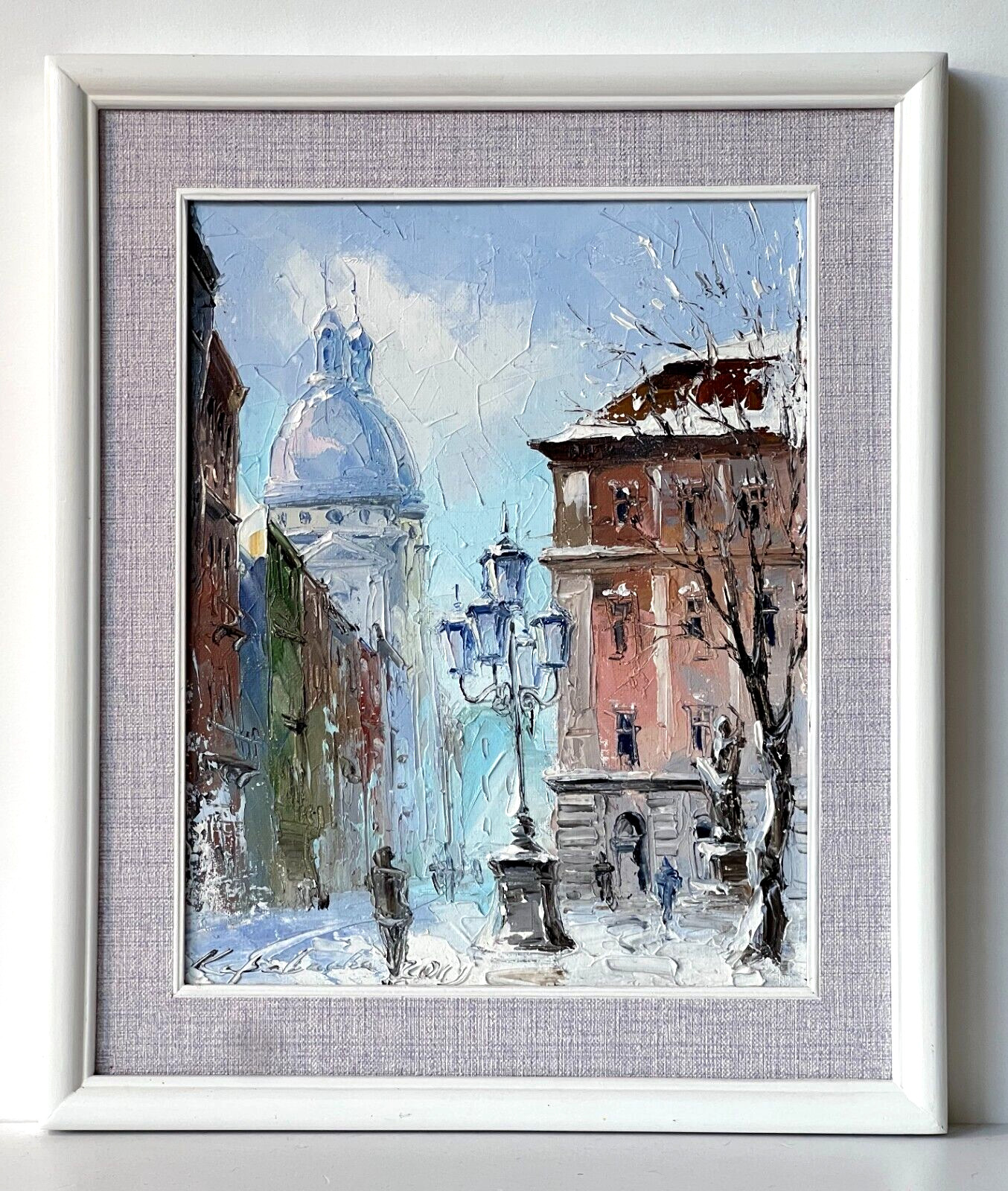 Original Oil Painting Cityscape City Sunny Snow Winter Day Church Framed Ukraine