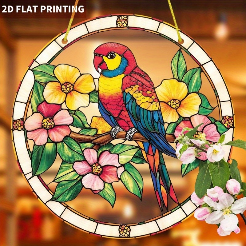 8″ Parrot & Floral Tropical Sun Catcher, Stained Glass Style