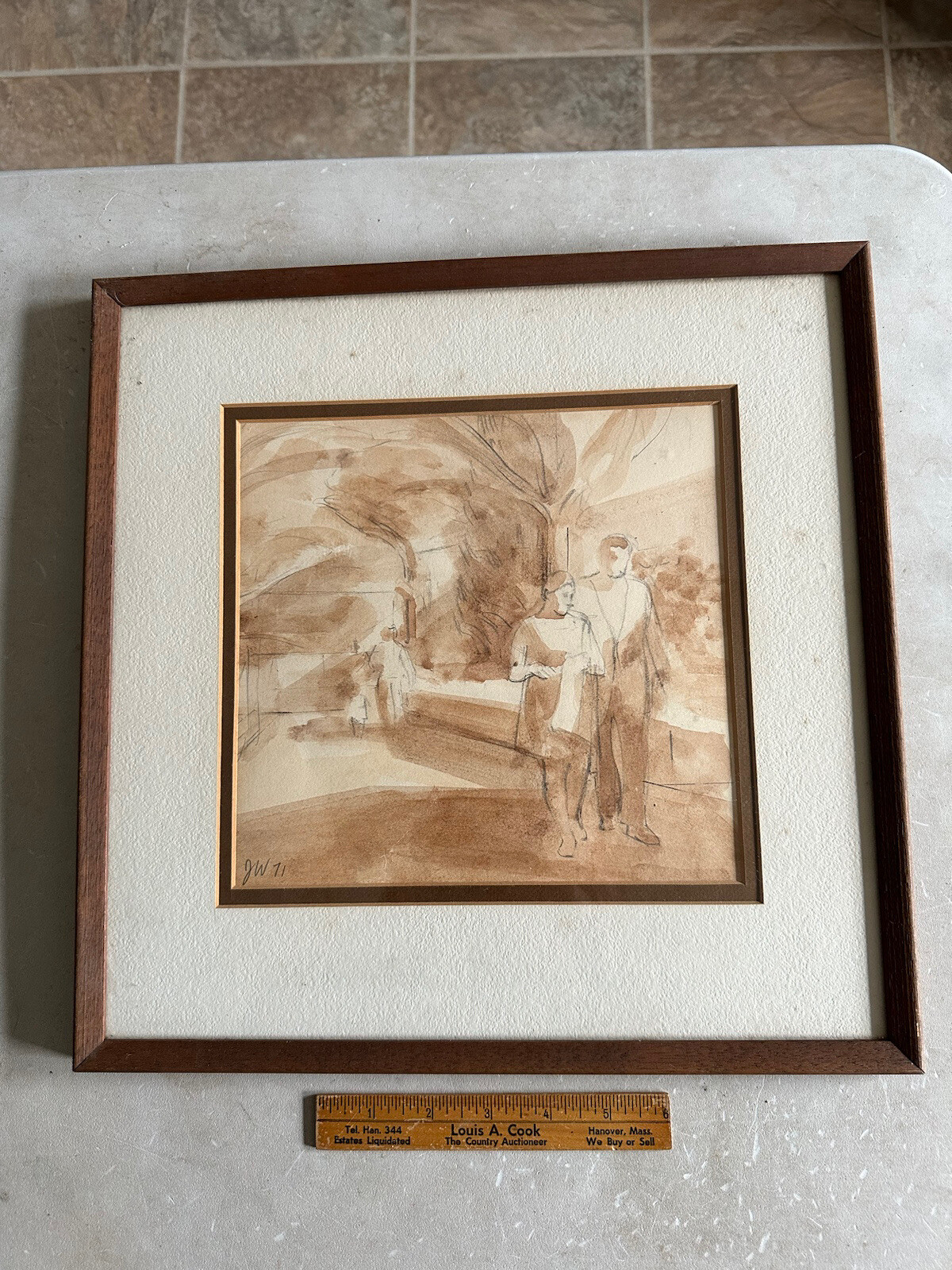 Dated 1971 Painting Pencil & Watercolor Modernist Original Frame Signed JW ’71.