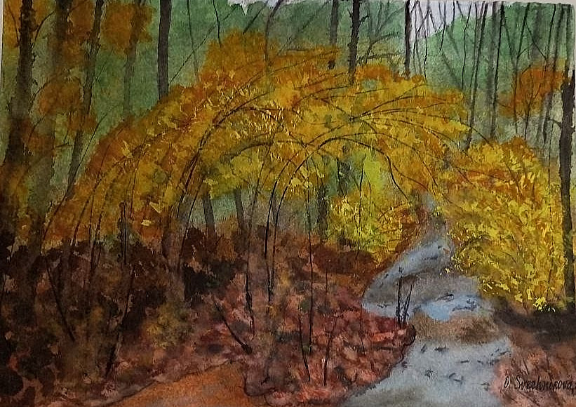 paingting Original watercolor landscape of a stream in a bright autumn forest