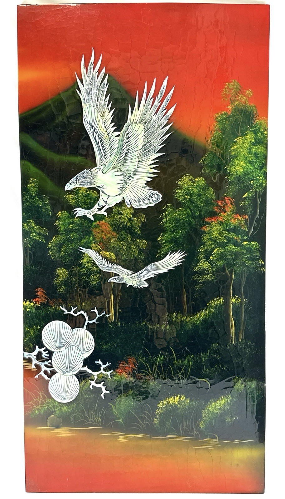 Vintage Lacquer Mother of Pearl Inlay Panel Asian Eagle Flight 16×31” Wood Art
