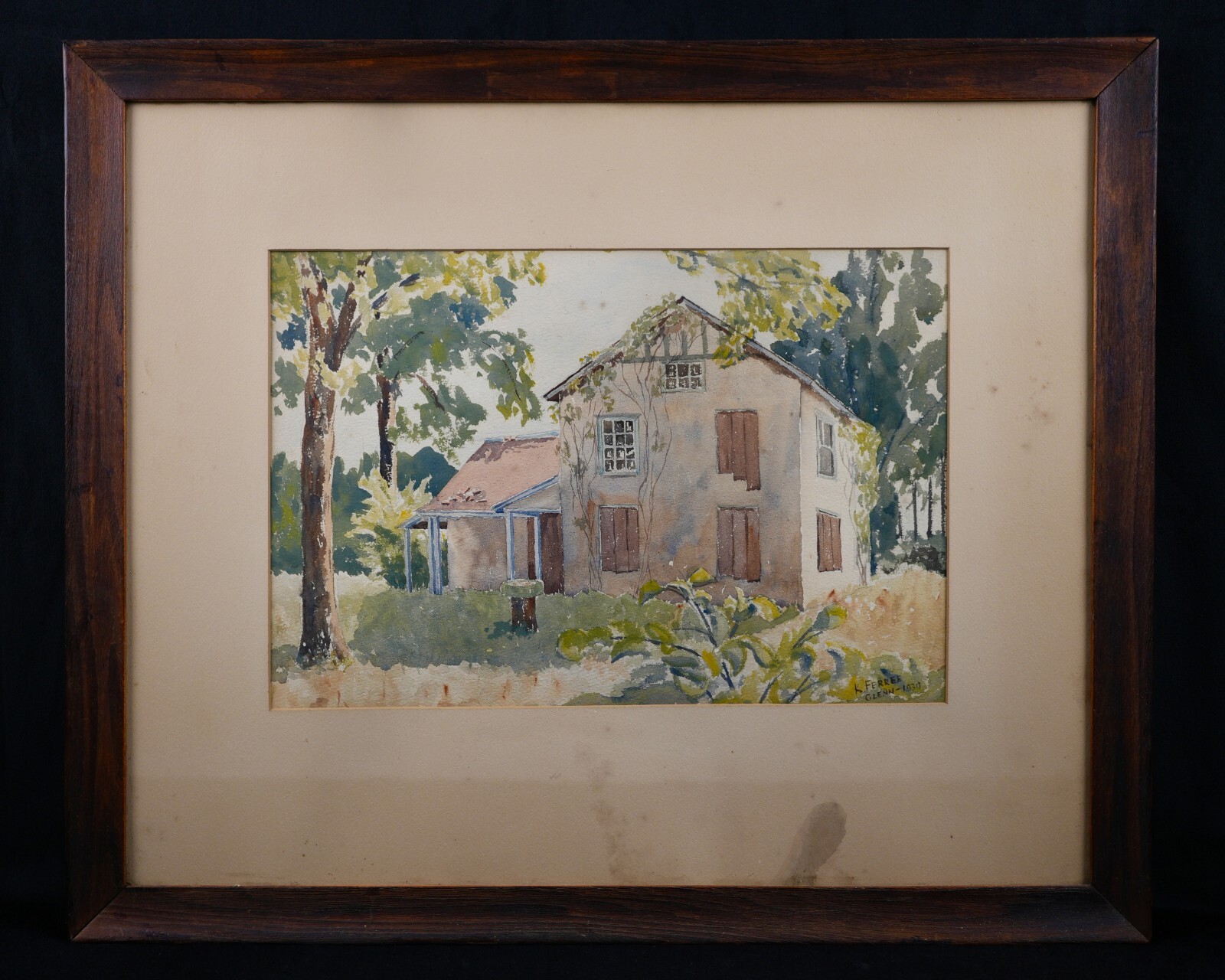 Vintage Framed Original Landscape Watercolor Painting «Rural Cottage Scene»