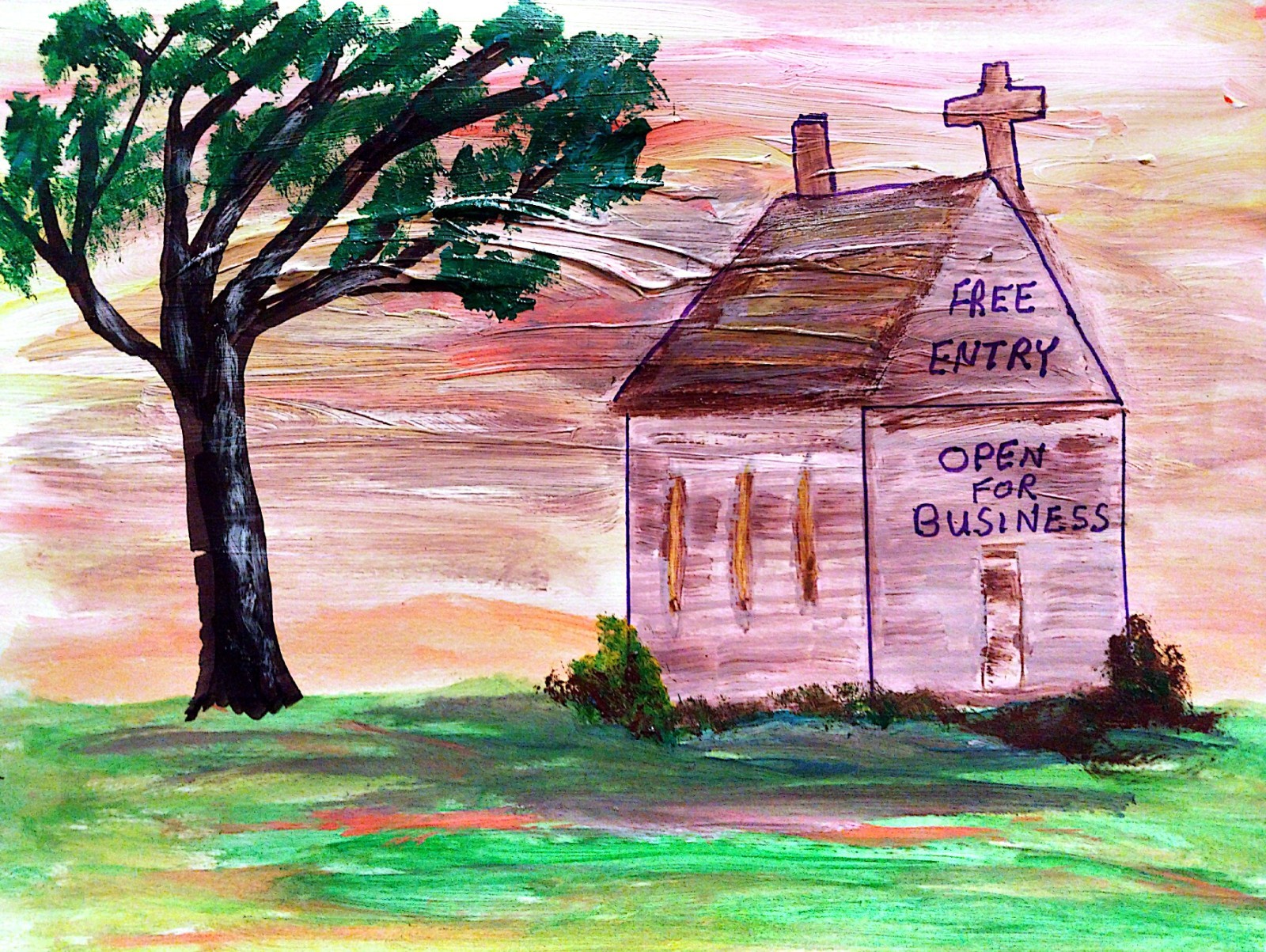 Church Landscape Original Modern Signed Paper Acrylic Wall Art 11×14 Home Decor