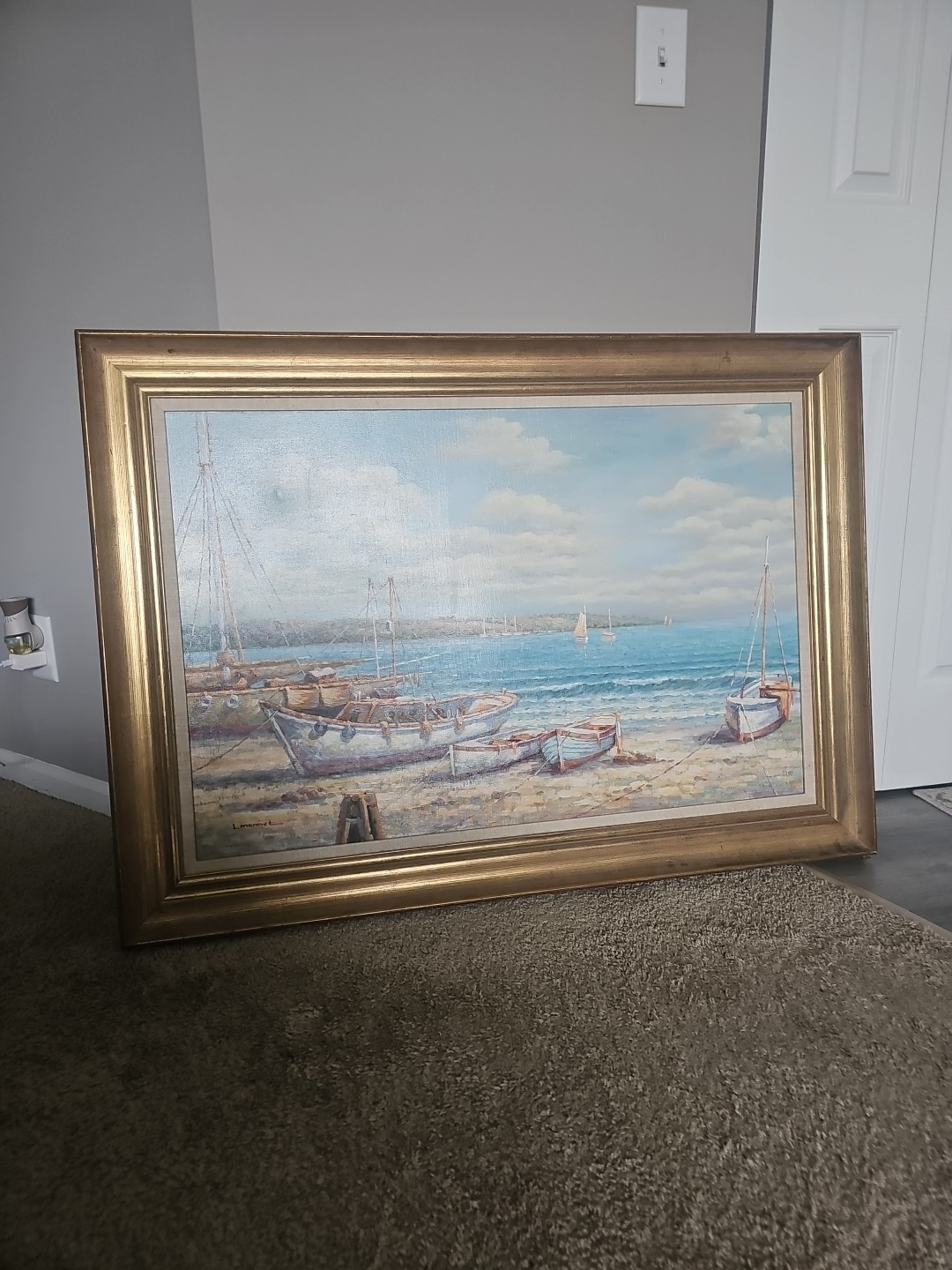 VTG Oil Painting Boat Lake Harbor Scene L.MANNET ARTWORK 24″×36″ Frame 43×31