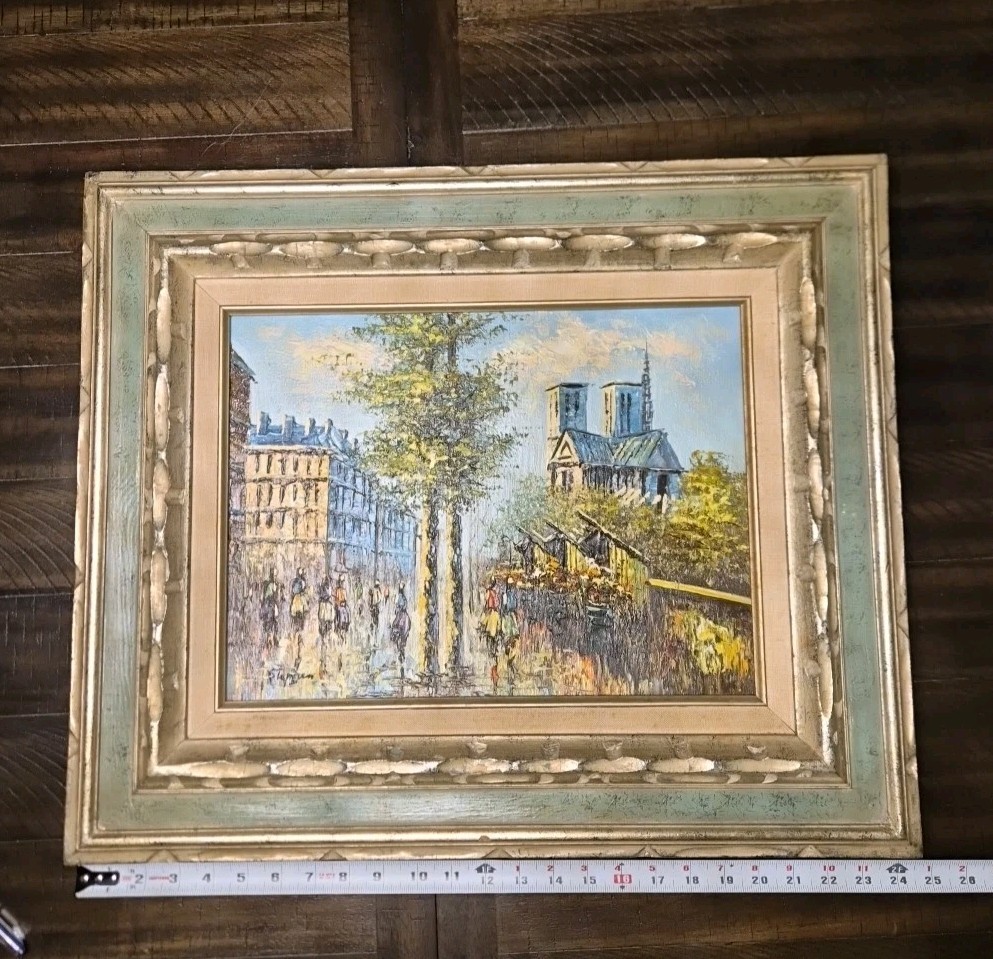 Oil On Canvas Signed Painting -Paris Cityscape Featuring Notre Dame Cathedral