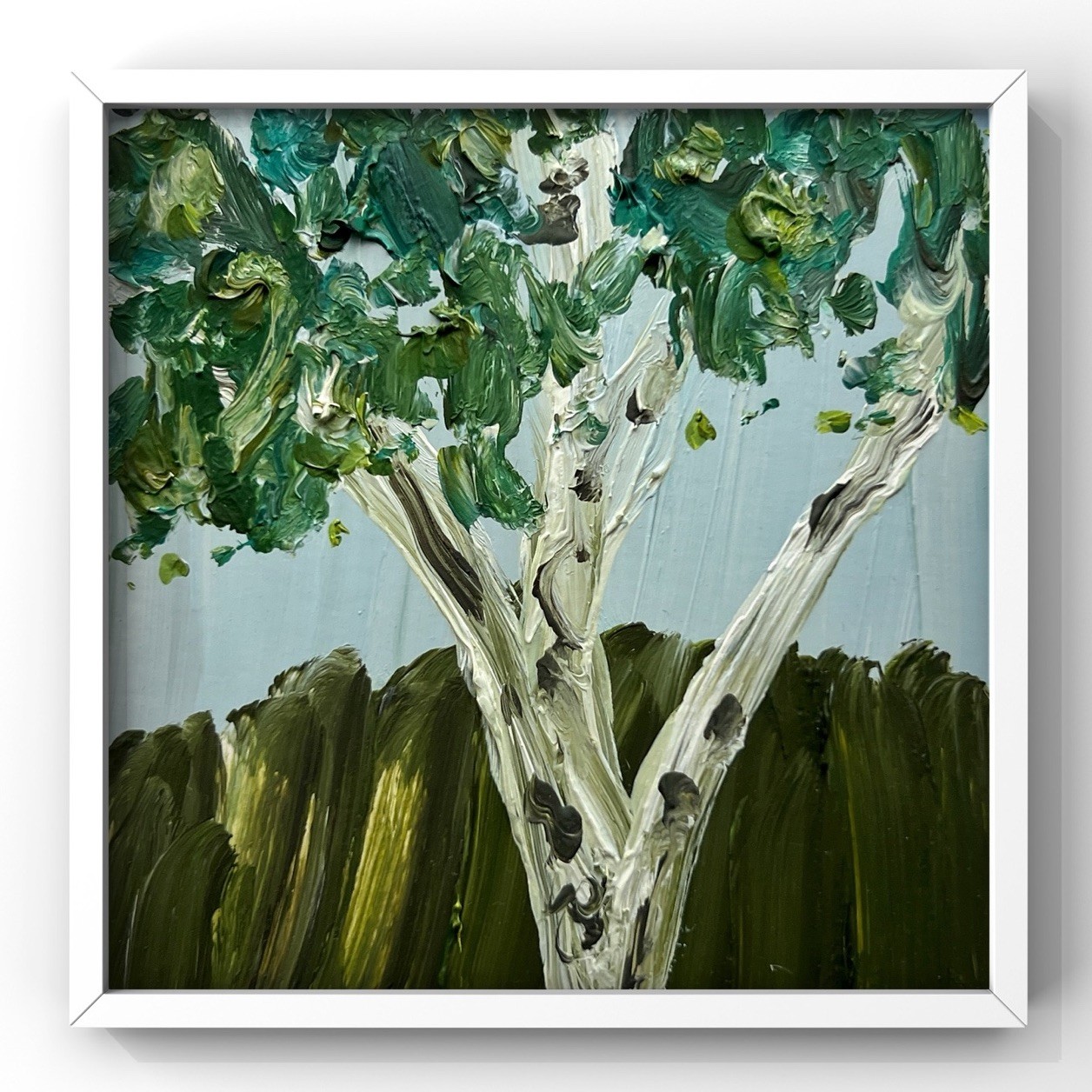 Birch framed Art, Franconia Notch Birch Tree Painting for Tranquil Bedroom Space