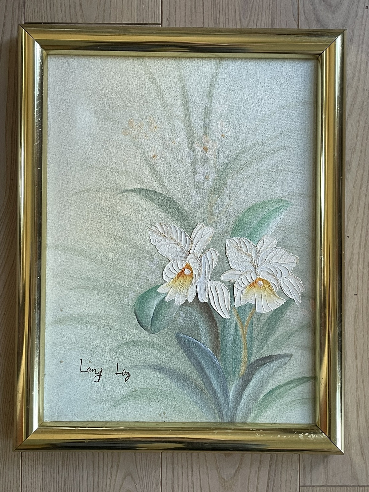VINTAGE LANG LEY IMPASTO PAINTING OF WHITE LILY FLOWERS METAL FRAME