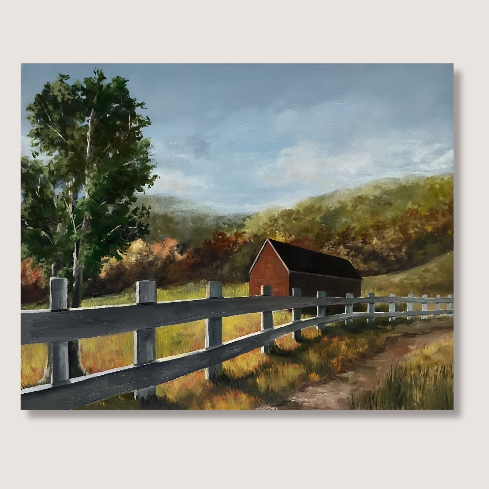 Autumn farm barn oil paintings original landscape nature fence artwork wood