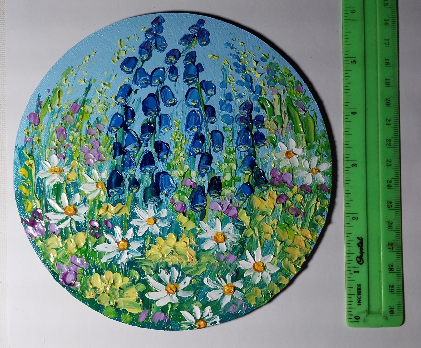 Meadow Flowers Daisies Bells Art Round Canvas 6×6” Impasto Oil Painting Original