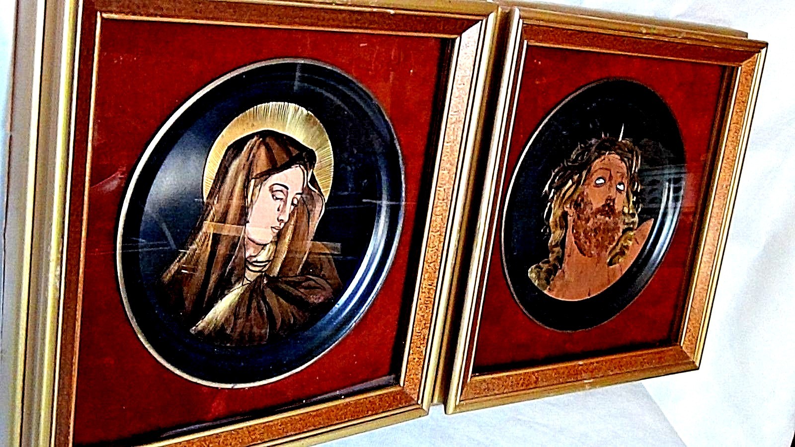 PAIR ITALY UNIQUE ENAMEL ON COPPER PAINTING OF A JESUS AND MARY IN SHEDOW BOXES