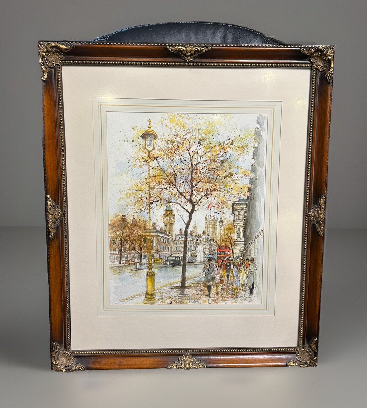 White Hall London Framed Original Art Watercolor Painting by Alex Jawdokimov 27”