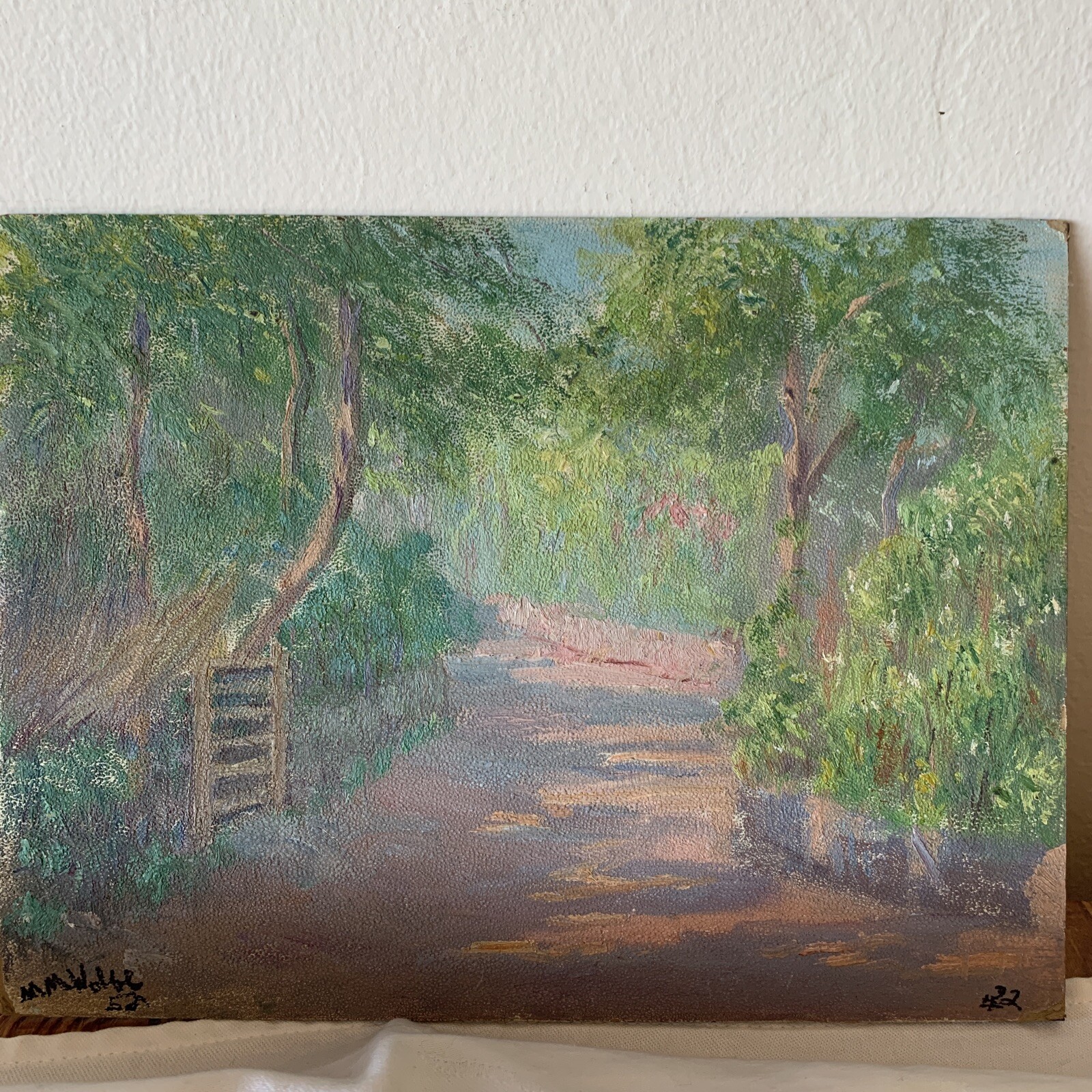 M M Wolfe Vintage Oil on Canvas Shady Country Lane Louisiana – 11 3/4 x 8 3/4 in