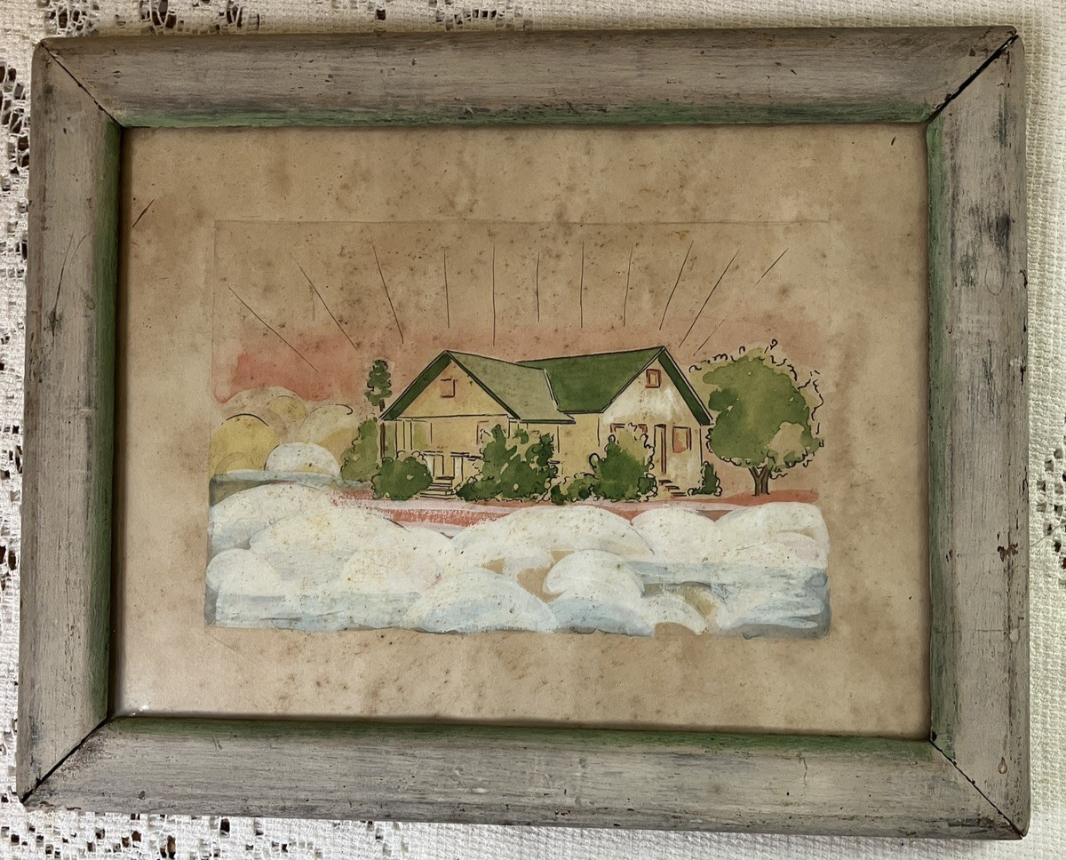 Vintage Watercolor Painting Pen & Ink House in Clouds 9″ x 7″ framed, glassed