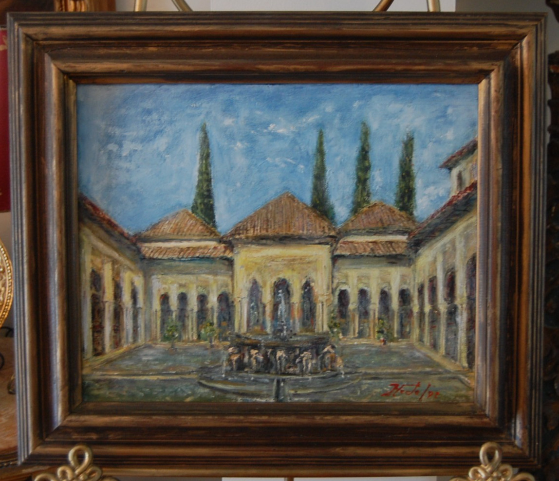 FRAMED ORIGINAL OIL COURT OF THE LIONS ALHAMBRA GRANADA SPAIN ARTIST HECTO VIDAL