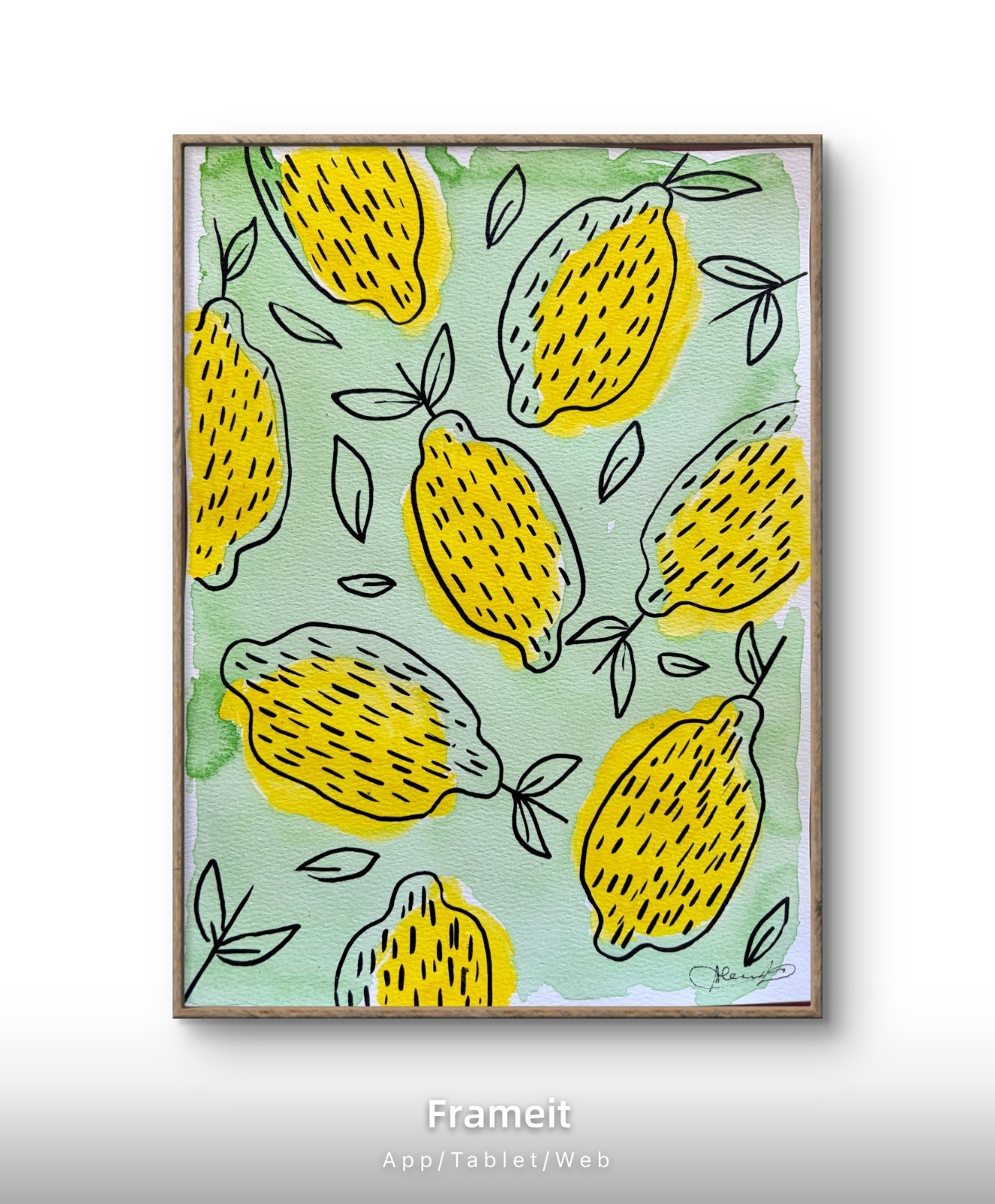 Green Lemon Doodles Painting By Alannah Dyer- Acrylic 9×12 in Trendy Food Citrus