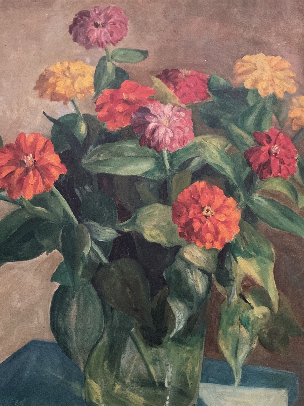 Lottie Meyer Catok Oil on Board – Still Life with Zinnias -Original Oil Painting