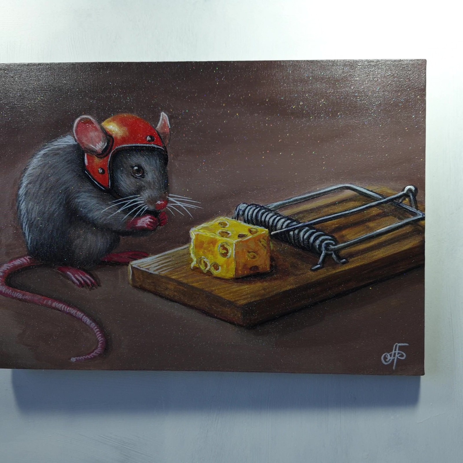 Brave Little Mouse and the Cheese Trap Funny Animal Painting Ukraine Artist