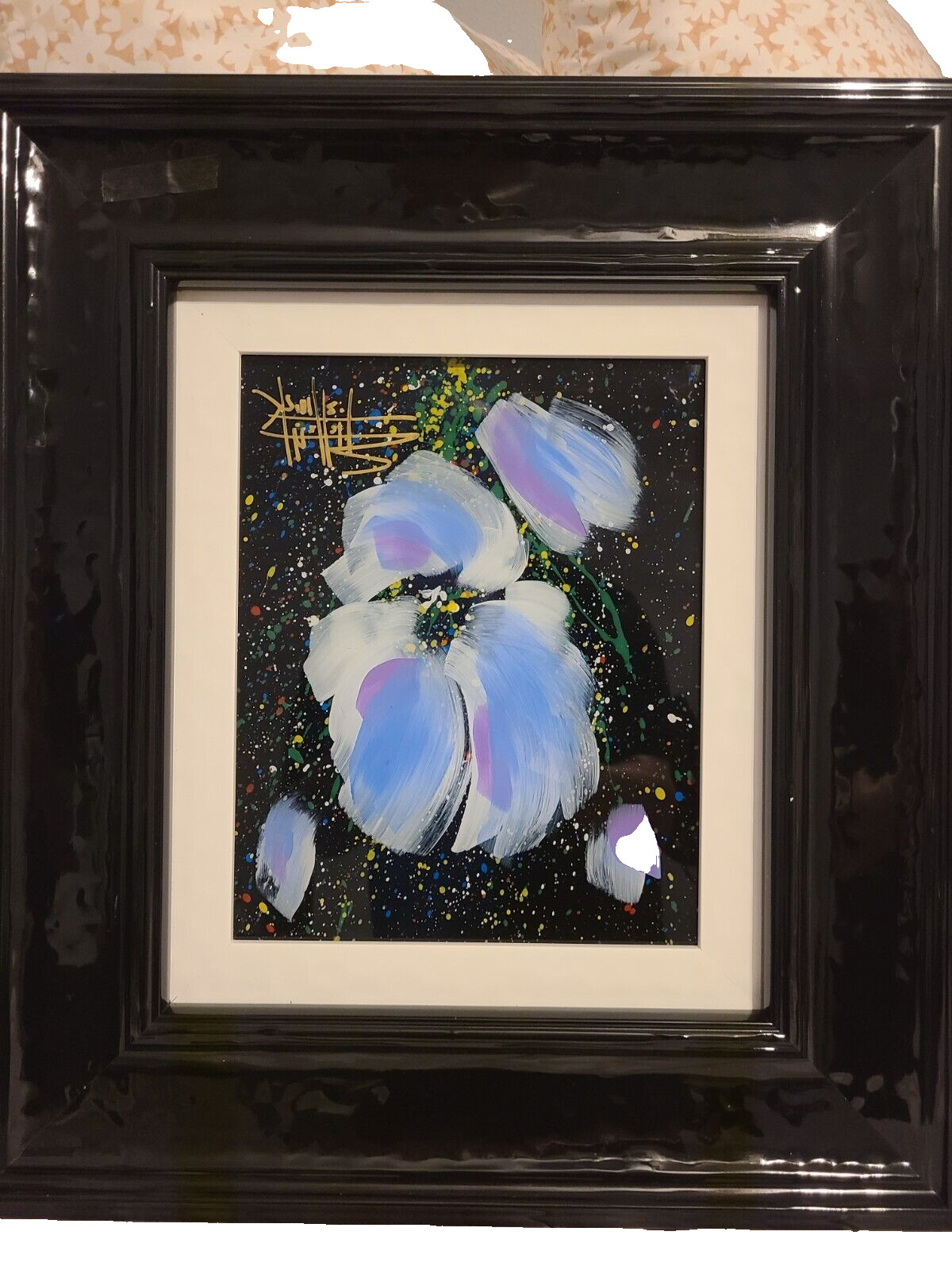 Fishwick Blue Flower 10×8 Acrylic Painting on Glass Hand Signed in pigment