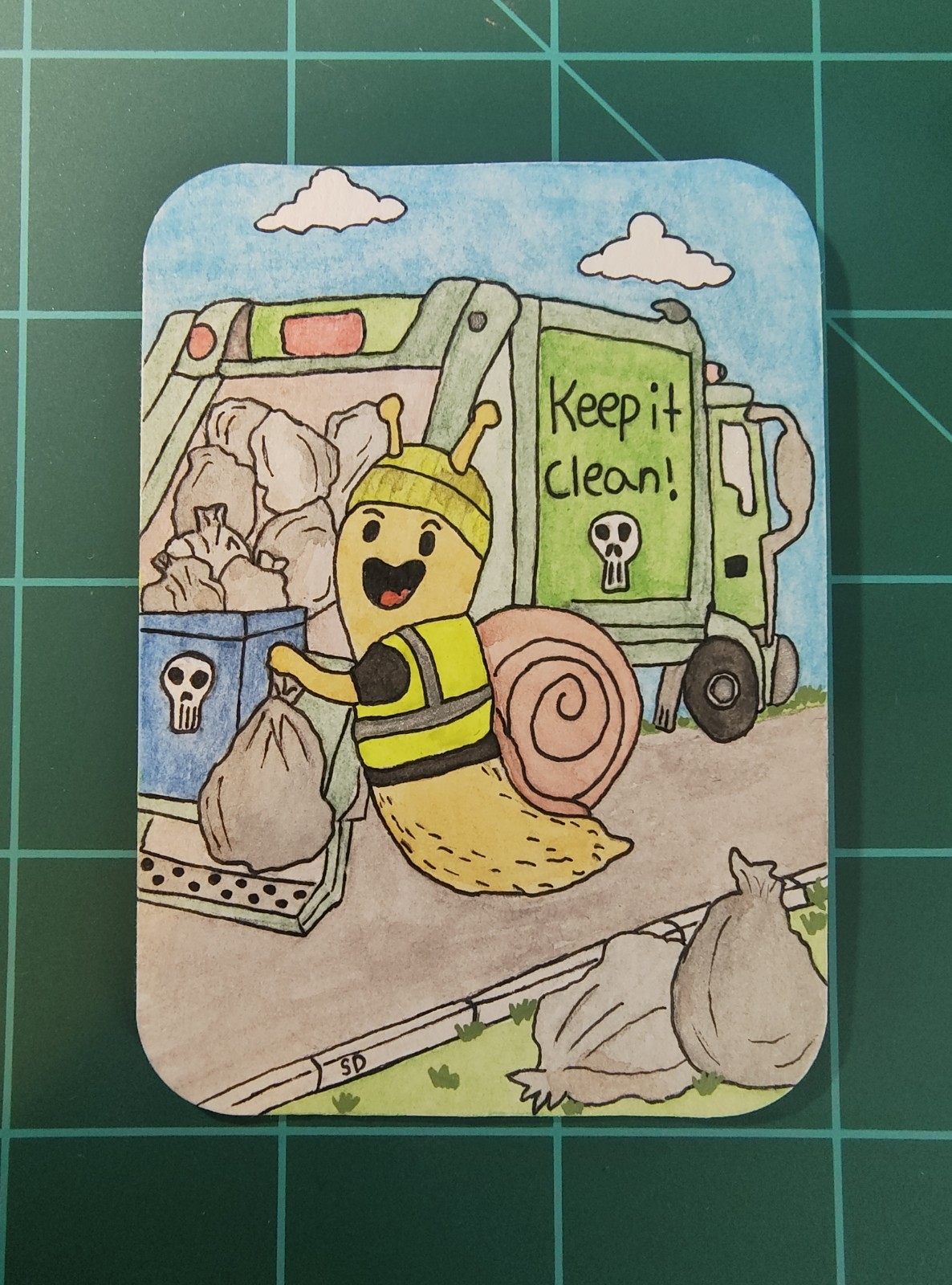 ACEO original Snail Watercolor Painting (The Garbage Snail Kid) 2.5 By 3.5
