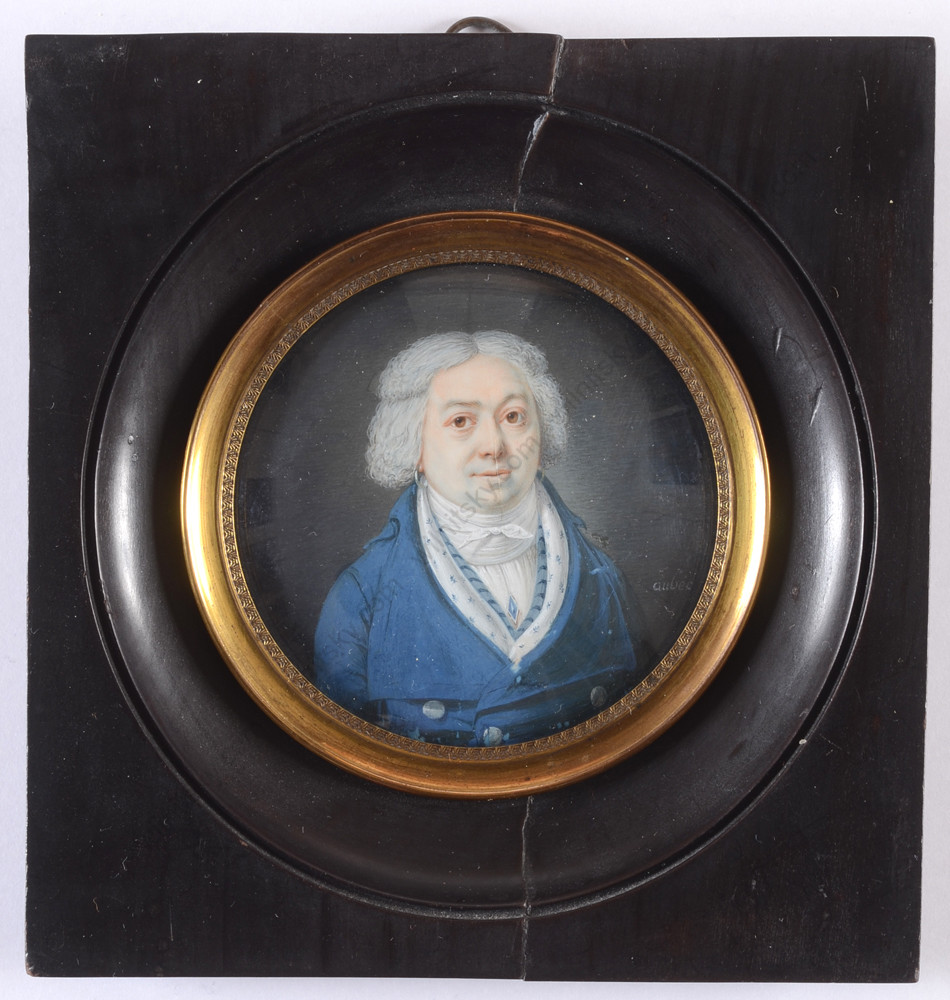 Jean Martin Aubée «Gentleman in blue redingote», rare miniature!!, ca. 1790