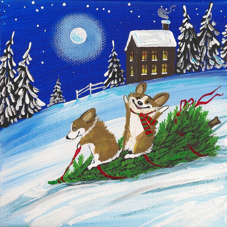 8×8 PRINT OF PAINTING FOLK ART RYTA PEMBROKE WELSH CORGI XMAS TREE SNOWMAN GIFT