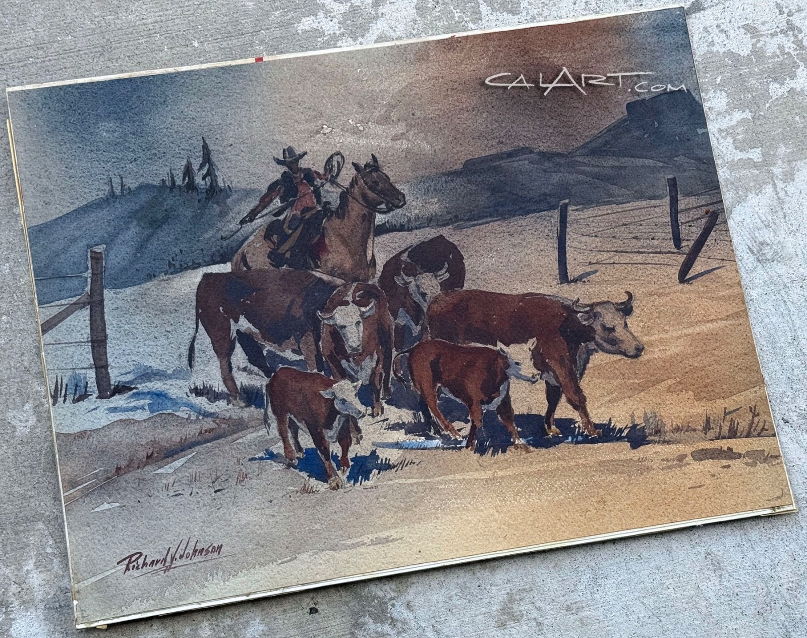 Mid Century COWBOY HERDING CATTLE Watercolor Painting by Listed Regionalist
