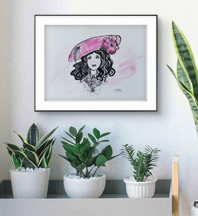 Original 9″x 12″ Abstract Expressive Girl In Pink Hat Acrylic Ink On PAPER Art
