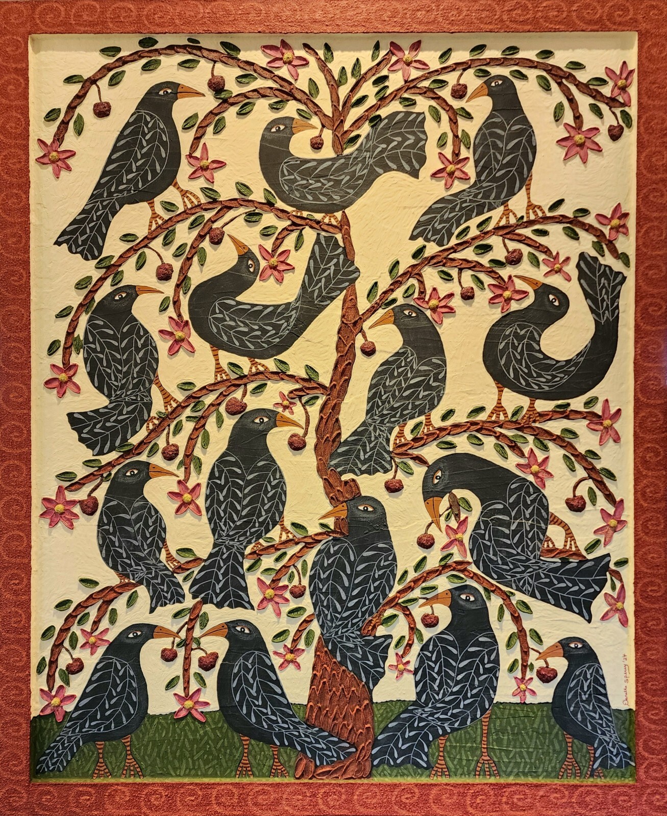 Danette Sperry Southern Primitive Crow Bird Folk Art Painting «Cherry Paradise «