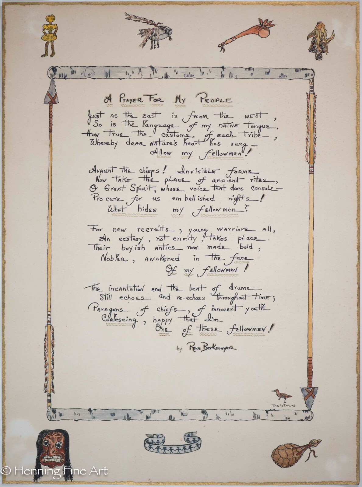 Fine Seneca Native American Hand Written Poem and Watercolor by Reva Berkmeyer