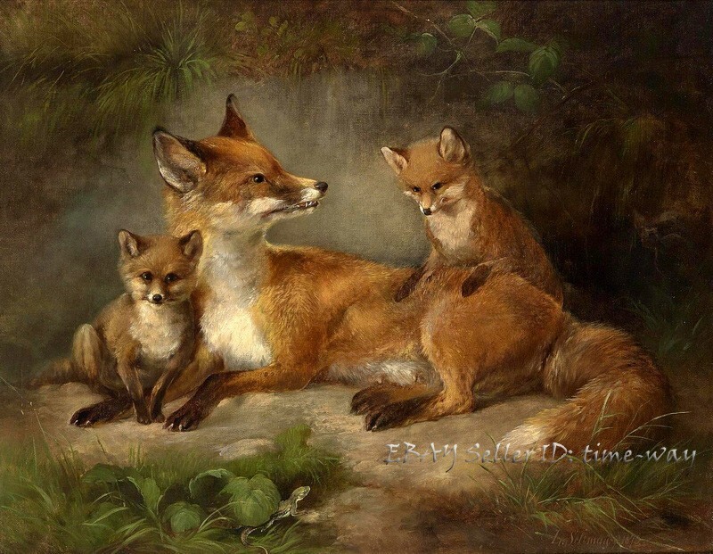 Fox Family Animals Oil painting Wall art Giclee Printed on Canvas P2318
