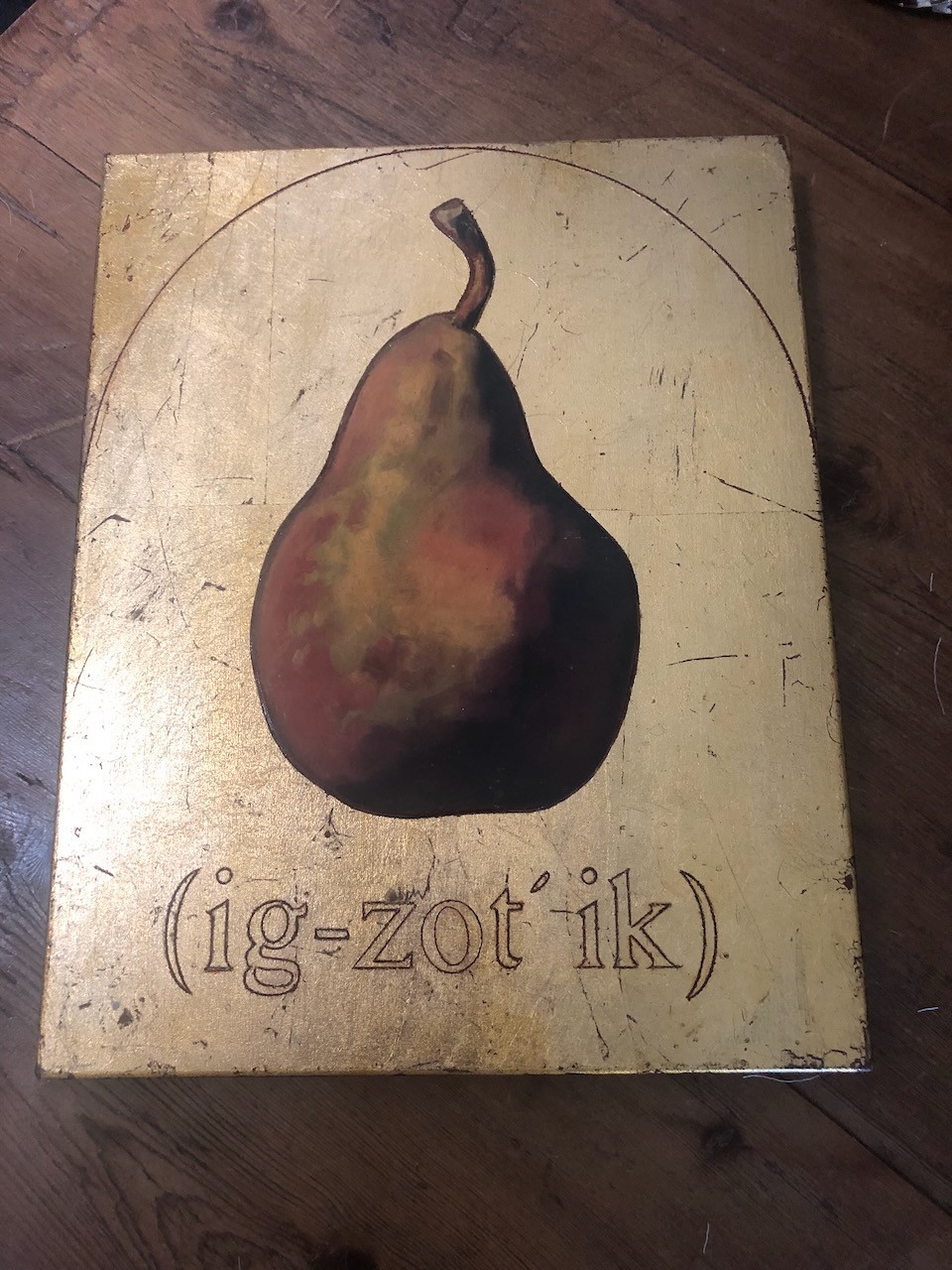 Oil painted Pear on a gold-leafed background on wood Plaque ig-zot’-ik Canada