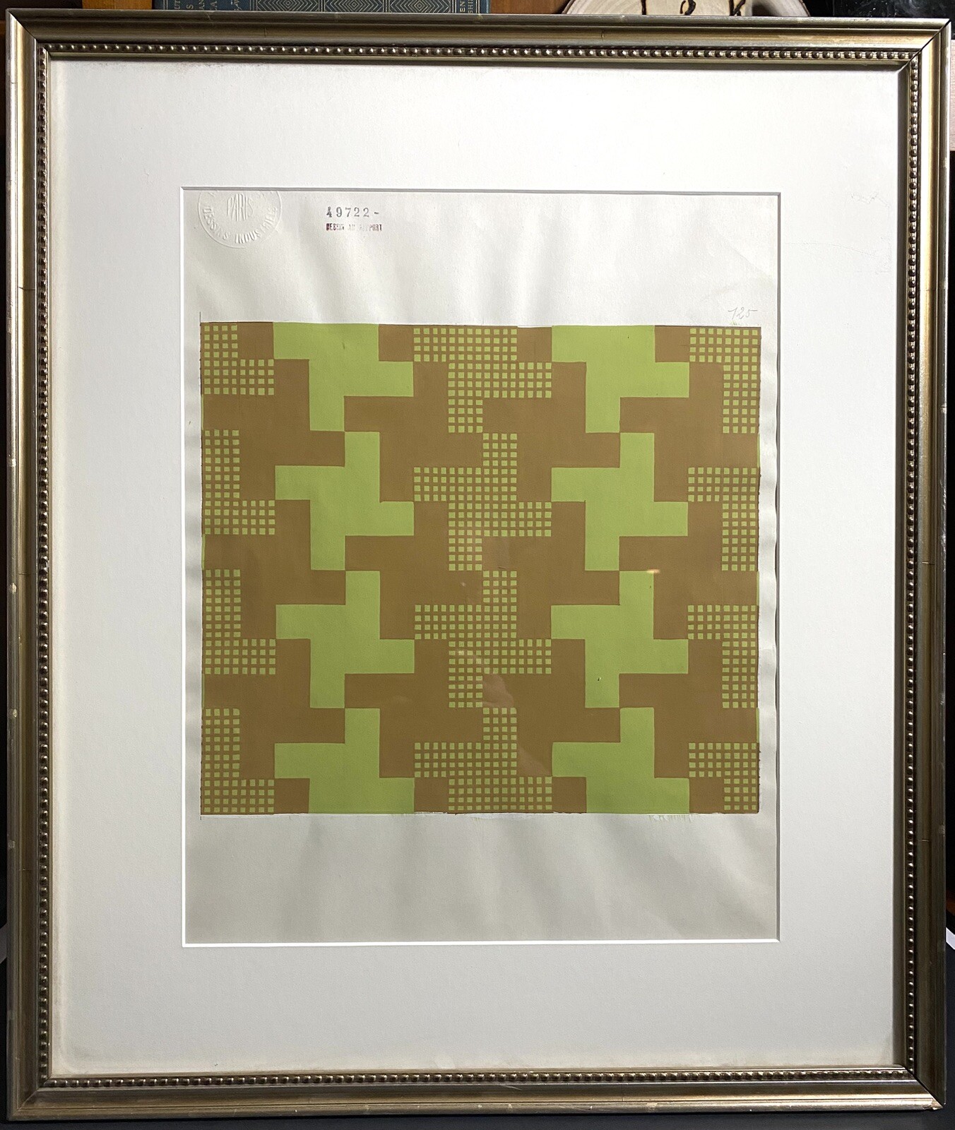 Rare Large French Arthur Litt Fabric Design Gouache on Paper Framed 20th Century