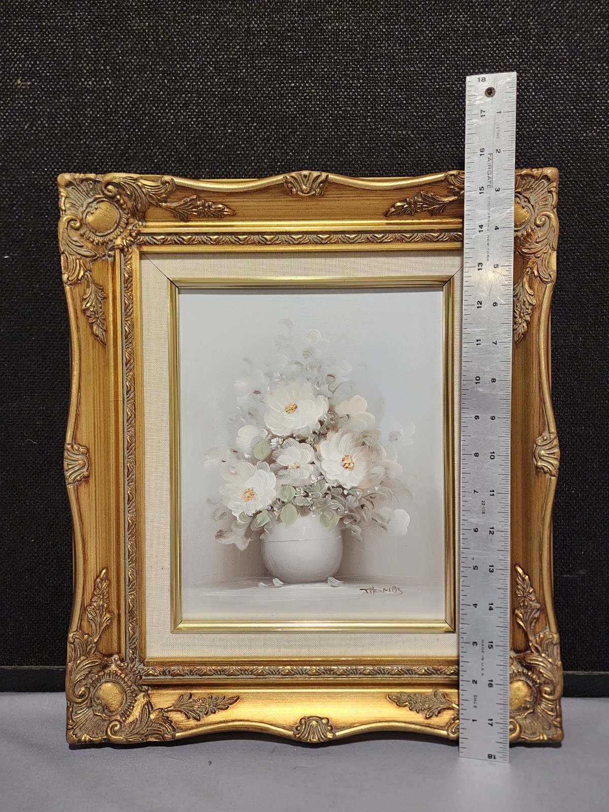 Vintage Canvas Oil Painting WHITE FLOWERS in a Vase Signed THOMAS Wood Framed