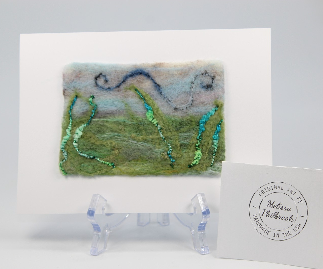 Wool Folk Art Painting «Windy Grass» Needle Felted Wool Card Melissa Philbrook